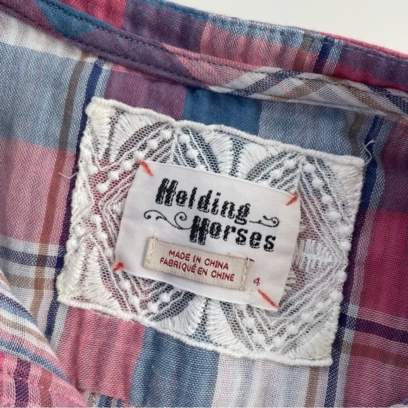 Anthropologie Holding Horses Pink Blue Plaid HalfPenny Tunic Popover Top Size 4 - Picture 4 of 9